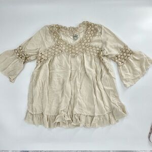 Tantrums Crochet Boho Ruffle Hem Bell Sleeve Embroidered Tunic Top